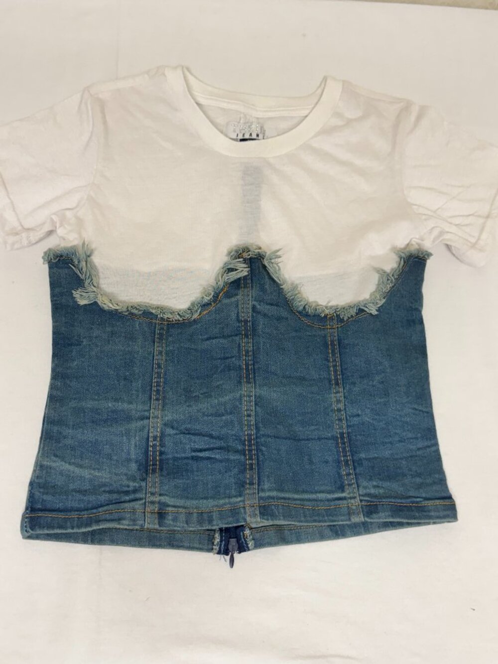 Thrill Jeans Medium Denim Corset Tee White Blue Zip Front Frayed Top